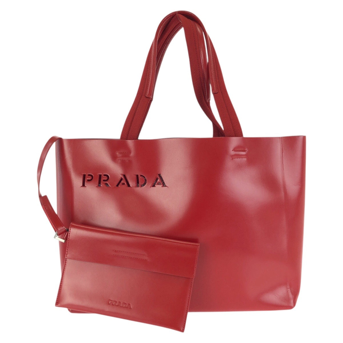 24132
PRADA プラダ ロゴ型抜き レッド シルバー金具 レザー トートバッグ ハンドバッグ レディース ABP42