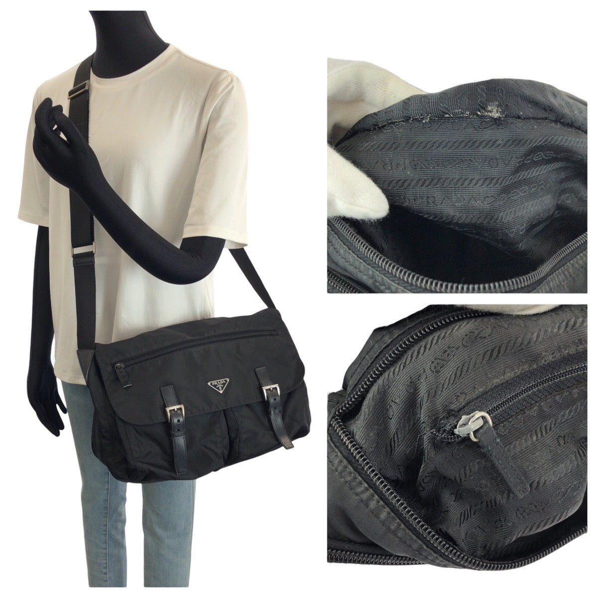 24152
PRADA プラダ テスート 三角ロゴプレート ブラック 黒 シルバー金具 ナイロン / レザー ショルダーバッグ メッセンジャーバッグ レディース AB35