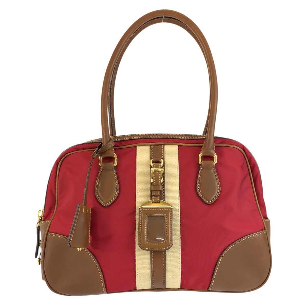 24155
PRADA プラダ 三角ロゴプレート レッド ブラウン ゴールド金具 キャンバス / レザー ハンドバッグ ボーリングバッグ レディース AB44