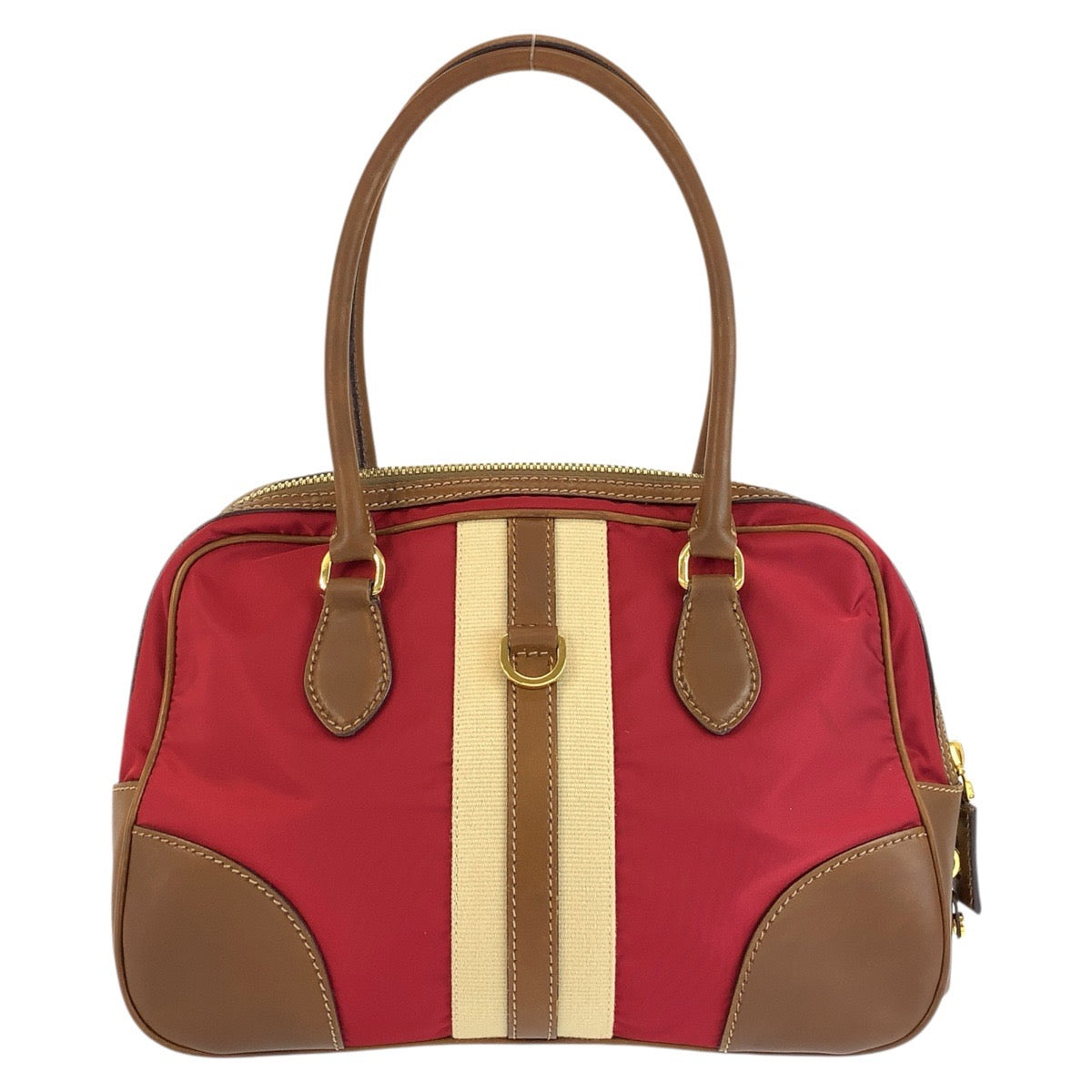 24155
PRADA プラダ 三角ロゴプレート レッド ブラウン ゴールド金具 キャンバス / レザー ハンドバッグ ボーリングバッグ レディース AB44