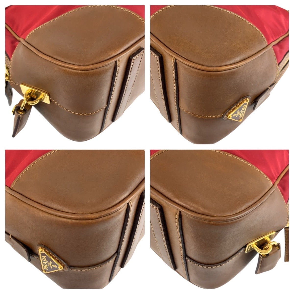 24155
PRADA プラダ 三角ロゴプレート レッド ブラウン ゴールド金具 キャンバス / レザー ハンドバッグ ボーリングバッグ レディース AB44