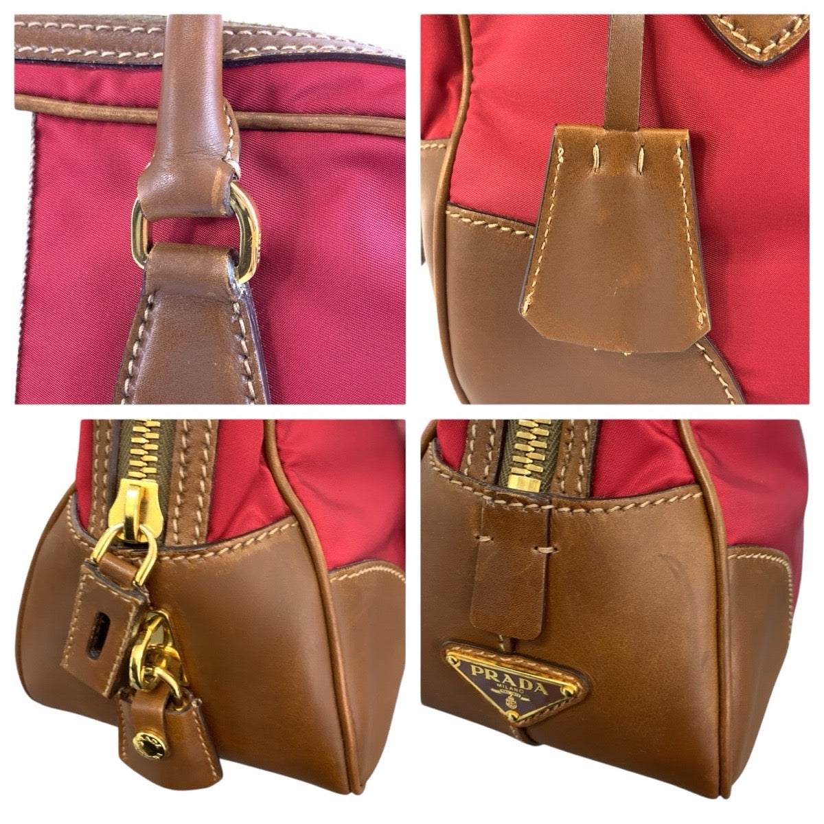 24155
PRADA プラダ 三角ロゴプレート レッド ブラウン ゴールド金具 キャンバス / レザー ハンドバッグ ボーリングバッグ レディース AB44