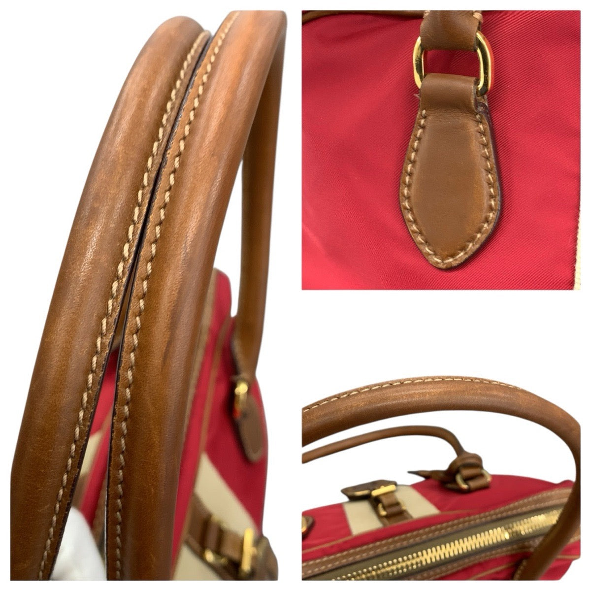 24155
PRADA プラダ 三角ロゴプレート レッド ブラウン ゴールド金具 キャンバス / レザー ハンドバッグ ボーリングバッグ レディース AB44