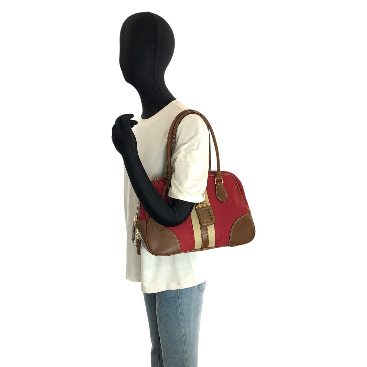 24155
PRADA プラダ 三角ロゴプレート レッド ブラウン ゴールド金具 キャンバス / レザー ハンドバッグ ボーリングバッグ レディース AB44