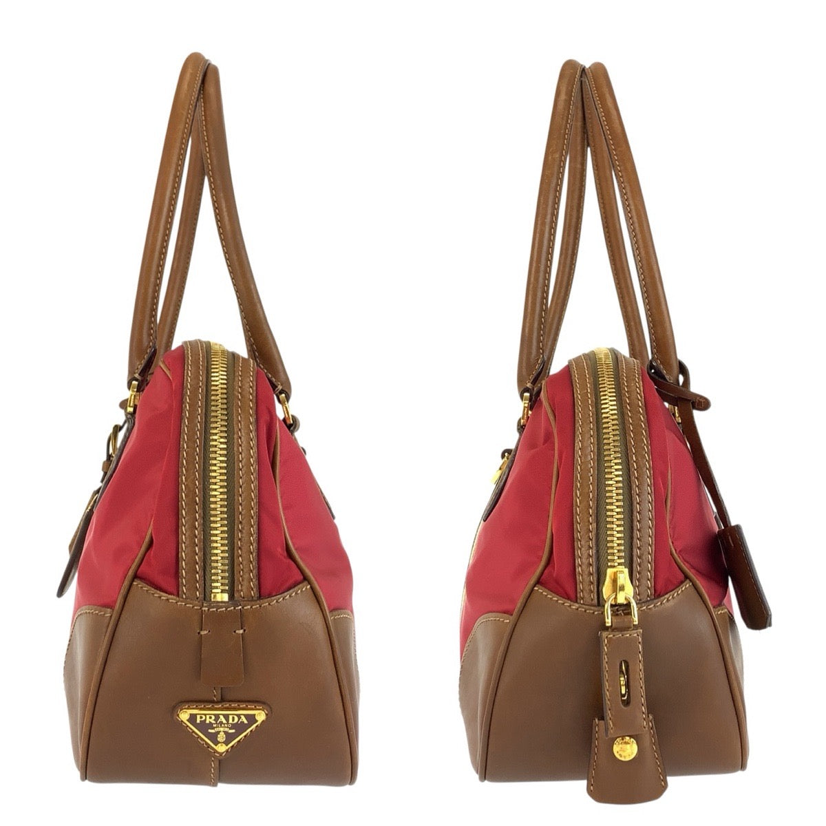 24155
PRADA プラダ 三角ロゴプレート レッド ブラウン ゴールド金具 キャンバス / レザー ハンドバッグ ボーリングバッグ レディース AB44