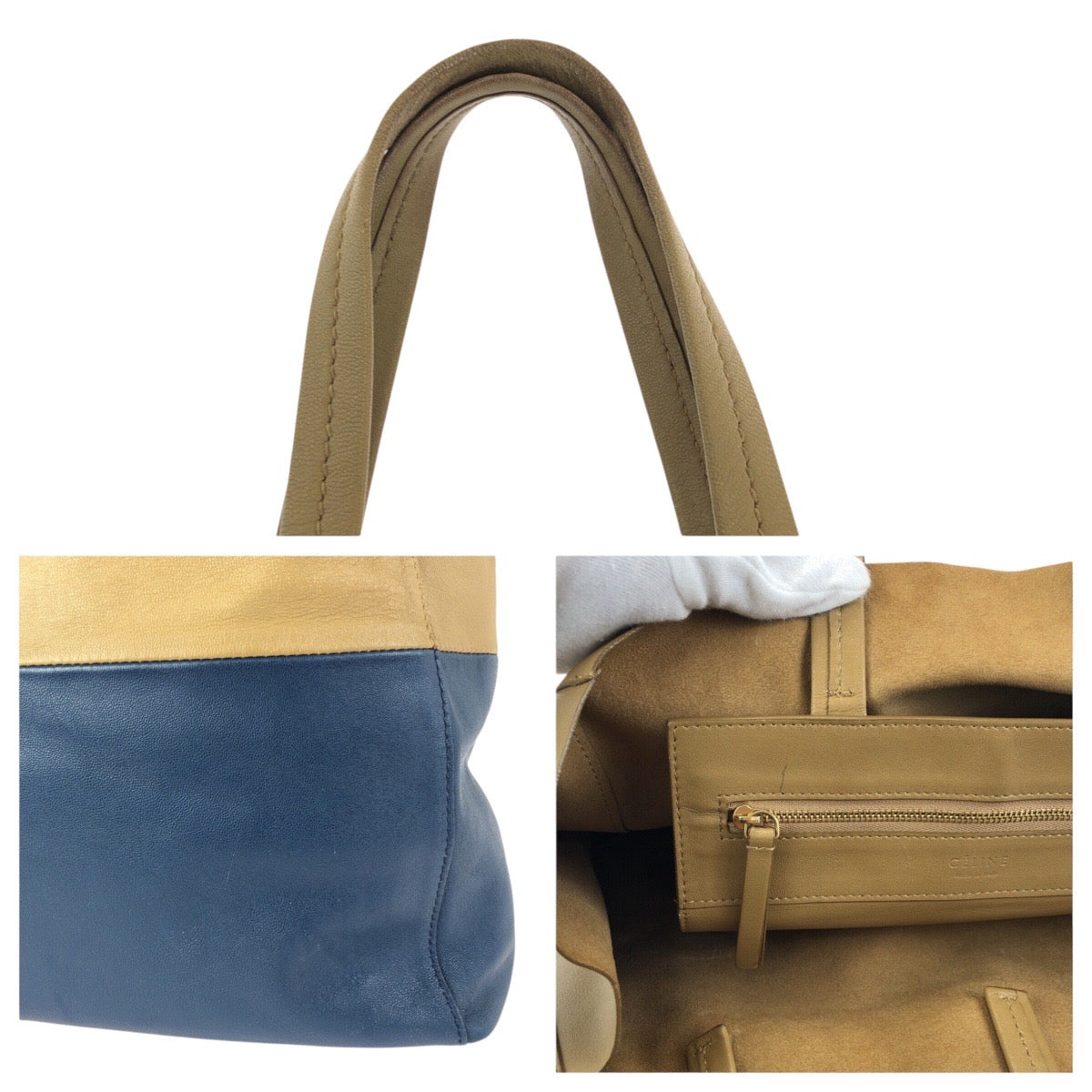 24162
CELINE セリーヌ ホリゾンタル カバ バイカラー ベージュ ブルー ゴールド金具 レザー トートバッグ 男女兼用 レディース AB35