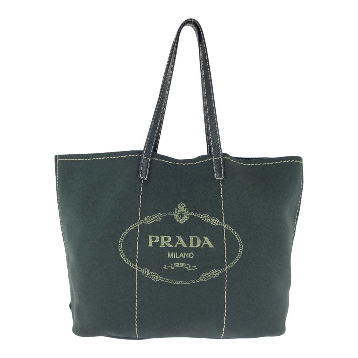 24166
PRADA プラダ 三角ロゴプレート カーキ グリーン シルバー金具 レザー / ネオプレーン トートバッグ ショルダーバッグ レディース ABP35