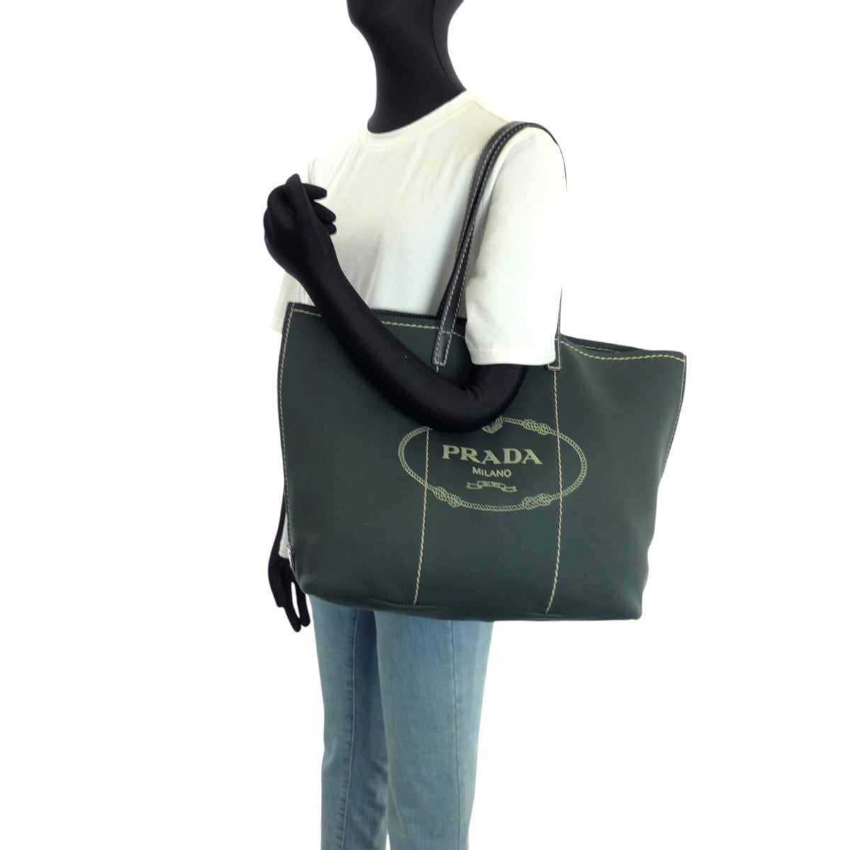 24166
PRADA プラダ 三角ロゴプレート カーキ グリーン シルバー金具 レザー / ネオプレーン トートバッグ ショルダーバッグ レディース ABP35