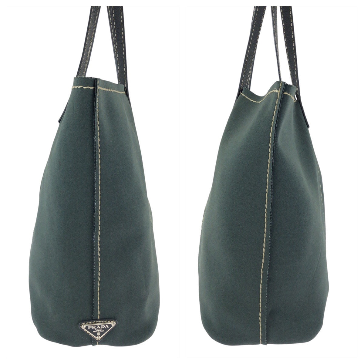 24166
PRADA プラダ 三角ロゴプレート カーキ グリーン シルバー金具 レザー / ネオプレーン トートバッグ ショルダーバッグ レディース ABP35