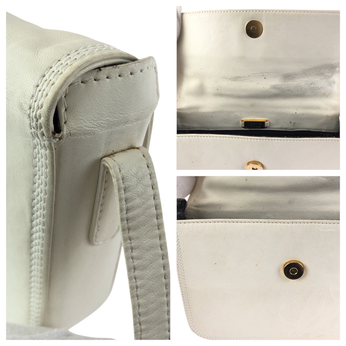 24182
LOEWE ロエベ アナグラム ホワイト オフホワイト ゴールド金具 レザー ショルダーバッグ ポシェット レディース B17