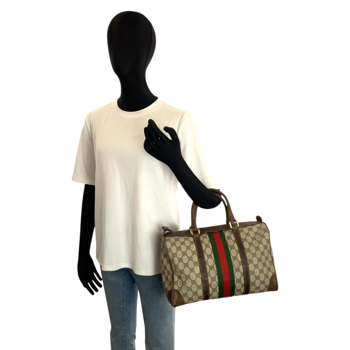 24203
GUCCI グッチ シェリーライン ベージュ ブラウン ゴールド金具 GGスプリームキャンバス / レザー ハンドバッグ ボストンバッグ レディース B35
