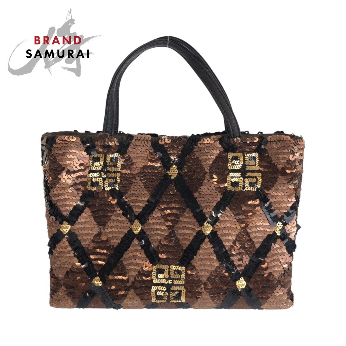 24210
GIVENCHY ジバンシィ ブラウン ブラック シルバー金具 スパンコール ハンドバッグ ミニトートバッグ レディース ABP23