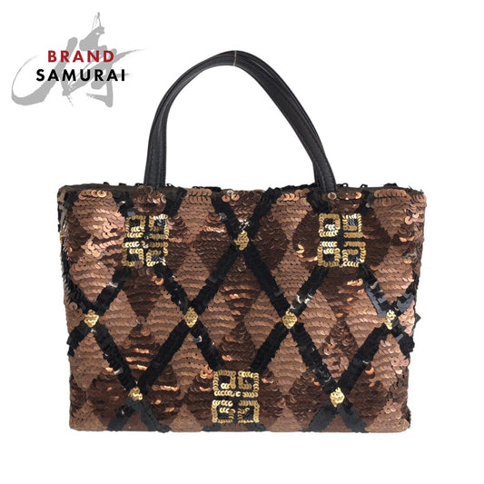 24210
GIVENCHY ジバンシィ ブラウン ブラック シルバー金具 スパンコール ハンドバッグ ミニトートバッグ レディース ABP23