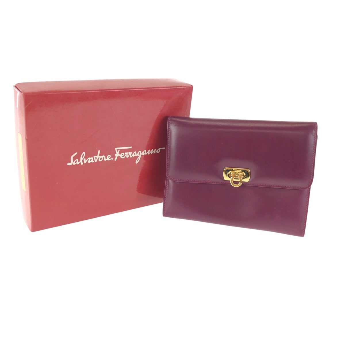 24213
Salvatore Ferragamo サルヴァトーレフェラガモ ガンチーニ パープル ワインレッド ゴールド金具 レザー 222038 ポーチ クラッチバッグ レディース AB30