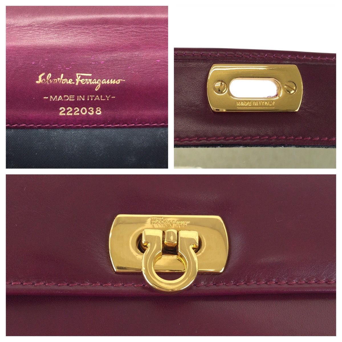 24213
Salvatore Ferragamo サルヴァトーレフェラガモ ガンチーニ パープル ワインレッド ゴールド金具 レザー 222038 ポーチ クラッチバッグ レディース AB30