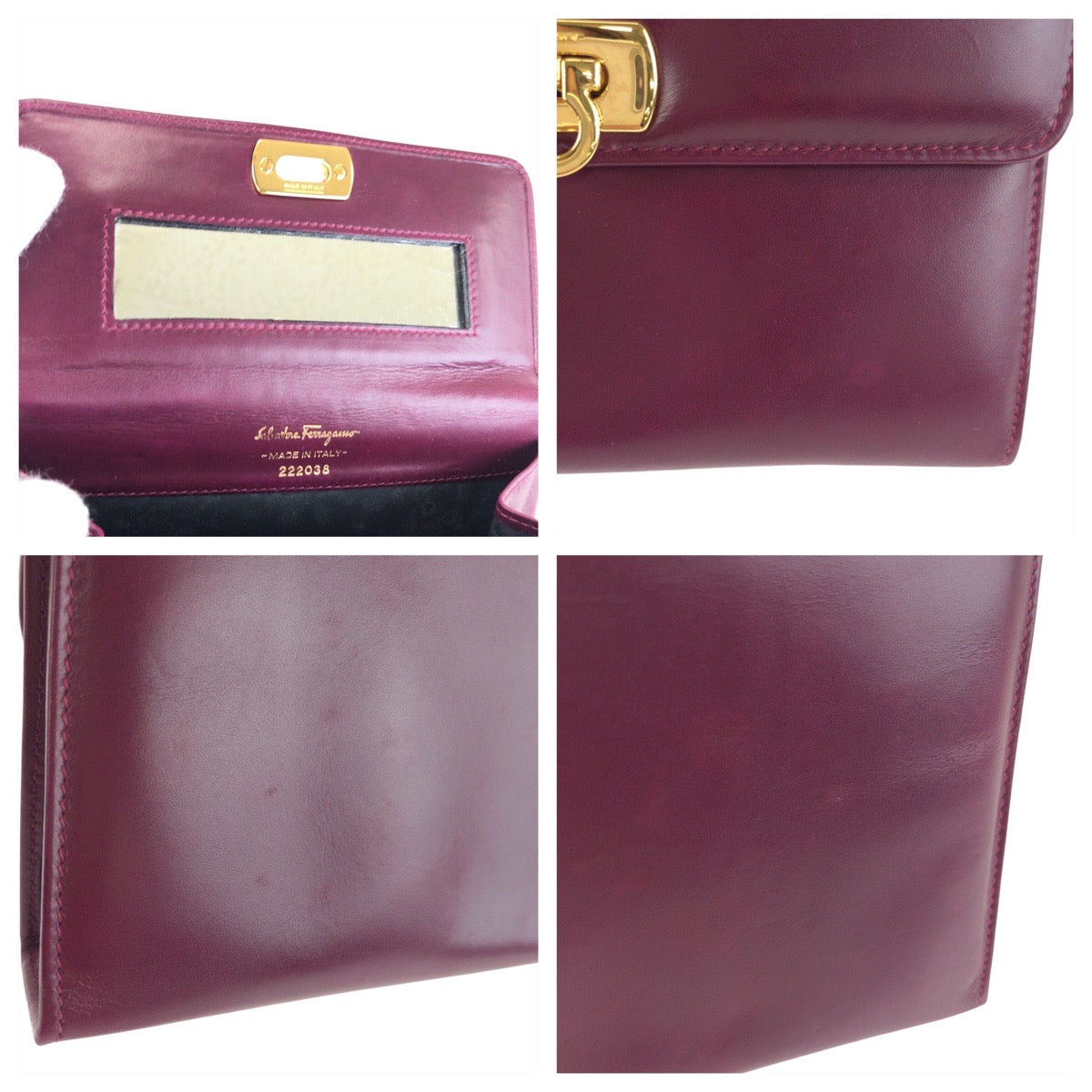 24213
Salvatore Ferragamo サルヴァトーレフェラガモ ガンチーニ パープル ワインレッド ゴールド金具 レザー 222038 ポーチ クラッチバッグ レディース AB30