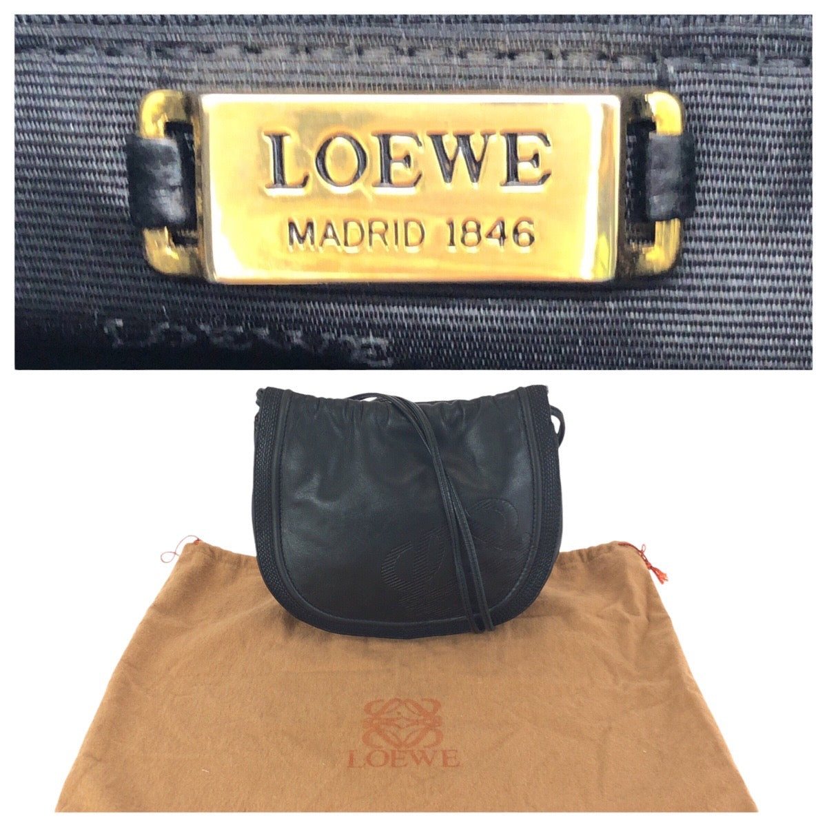 24214
LOEWE ロエベ ヴィンテージ アナグラム 巾着 ブラック 黒 ゴールド金具 レザー ショルダーバッグ ポシェット レディース ABP30