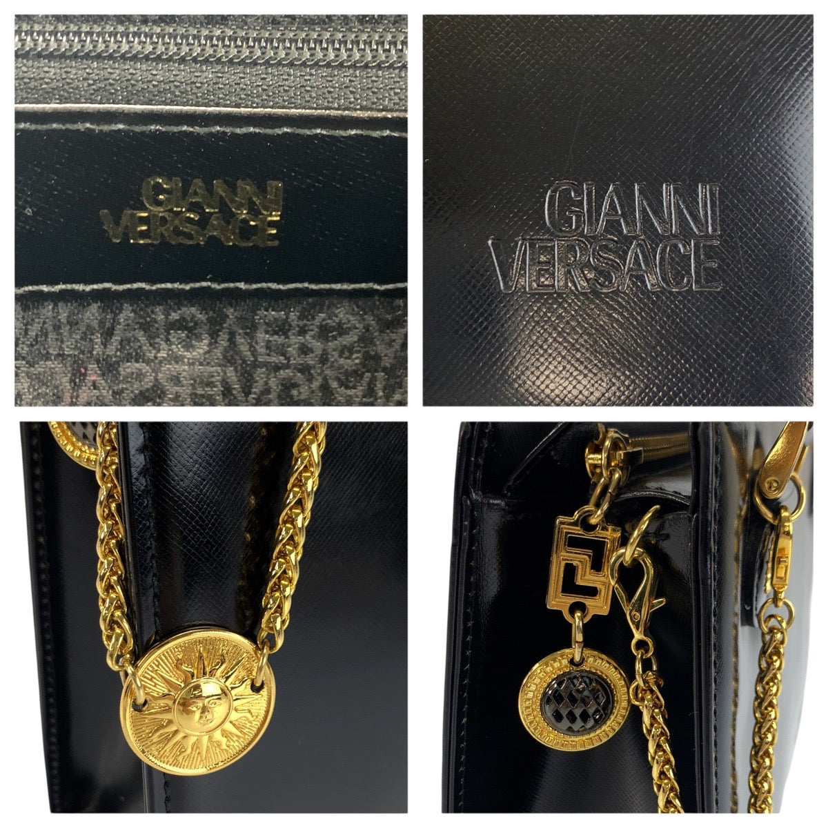 24219
VERSACE ヴェルサーチ サンバースト ブラック 黒 ゴールド金具 エナメル ショルダーバッグ トートバッグ レディース ABP44