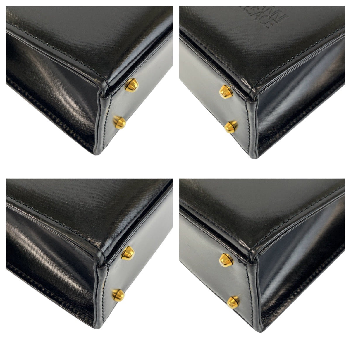 24219
VERSACE ヴェルサーチ サンバースト ブラック 黒 ゴールド金具 エナメル ショルダーバッグ トートバッグ レディース ABP44
