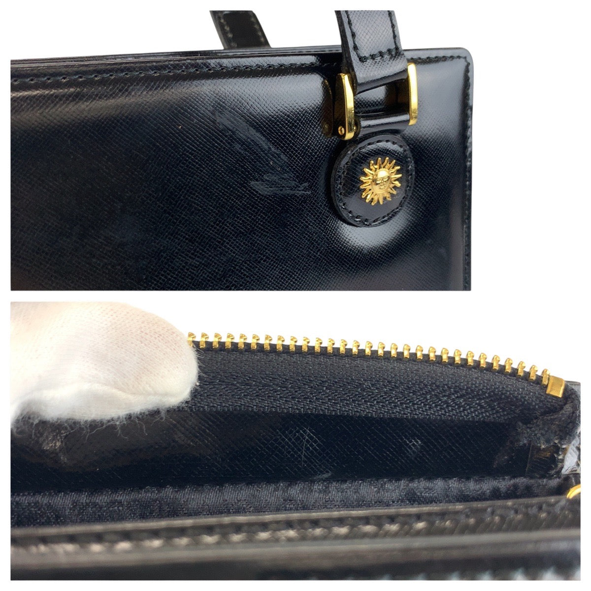 24219
VERSACE ヴェルサーチ サンバースト ブラック 黒 ゴールド金具 エナメル ショルダーバッグ トートバッグ レディース ABP44