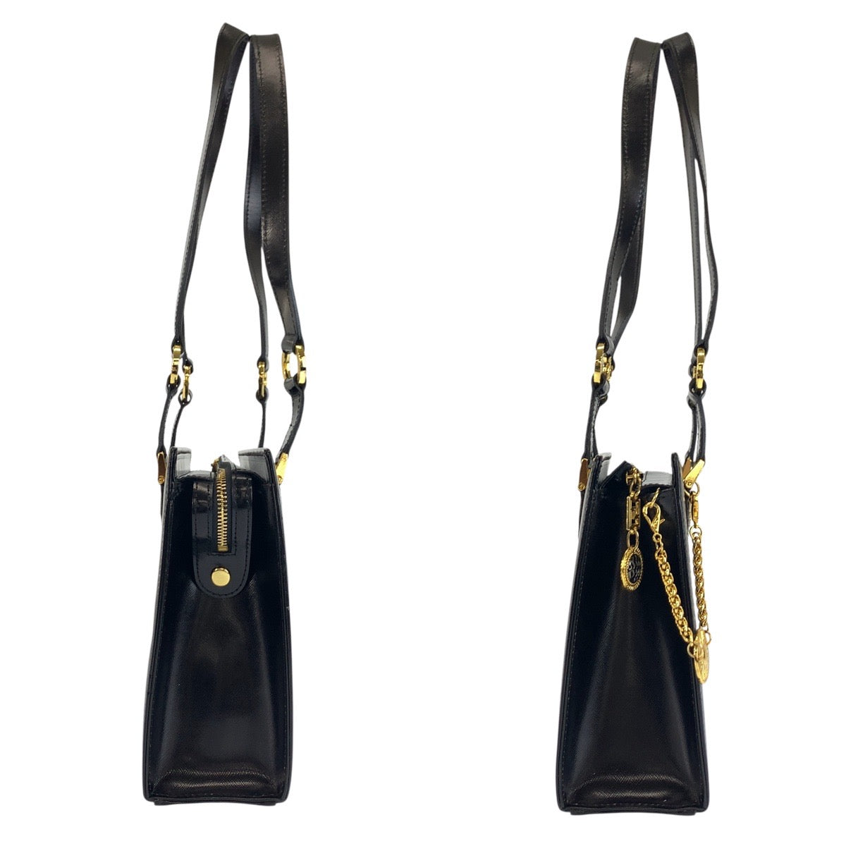24219
VERSACE ヴェルサーチ サンバースト ブラック 黒 ゴールド金具 エナメル ショルダーバッグ トートバッグ レディース ABP44
