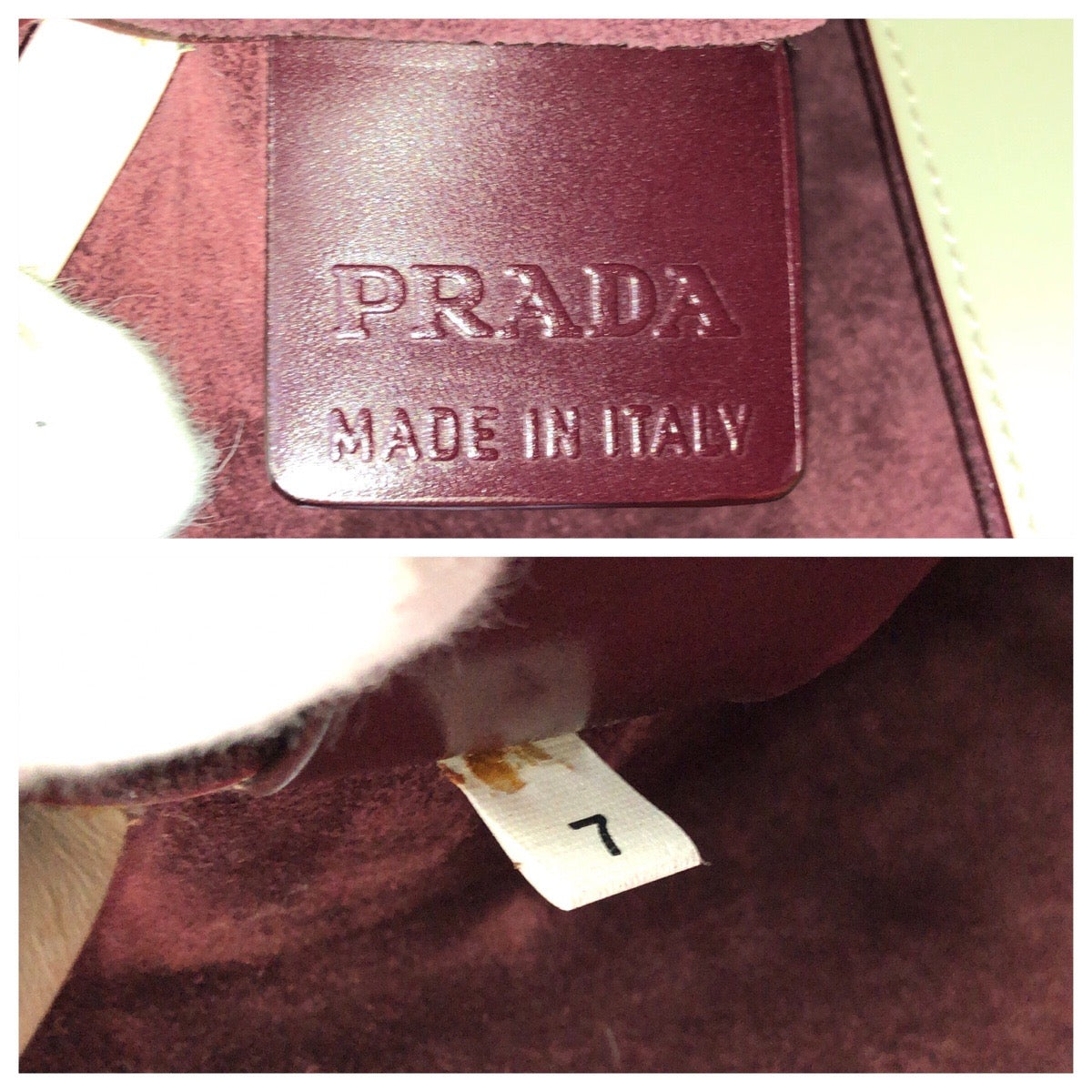 24230
PRADA プラダ パンチングロゴ ライトベージュ アイボリー ボルドー レザー ショルダーバッグ トートバッグ レディース ABP30