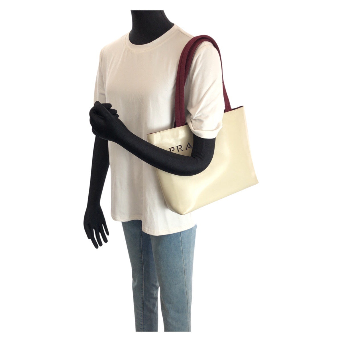 24230
PRADA プラダ パンチングロゴ ライトベージュ アイボリー ボルドー レザー ショルダーバッグ トートバッグ レディース ABP30