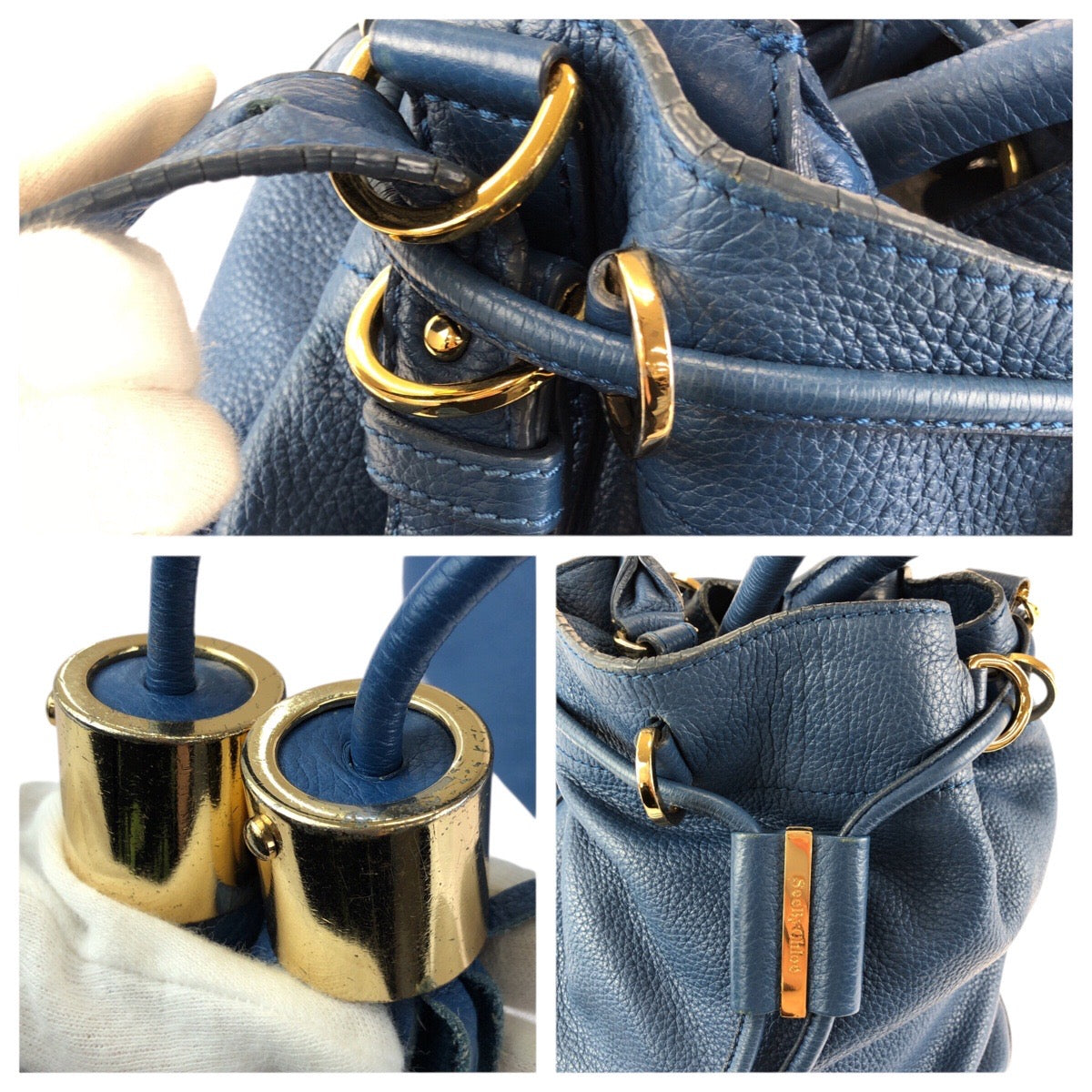 24231
SEE BY CHLOE シーバイクロエ ダブルタッセル 巾着 2way ブルー ゴールド金具 レザー ショルダーバッグ ハンドバッグ レディース AB23