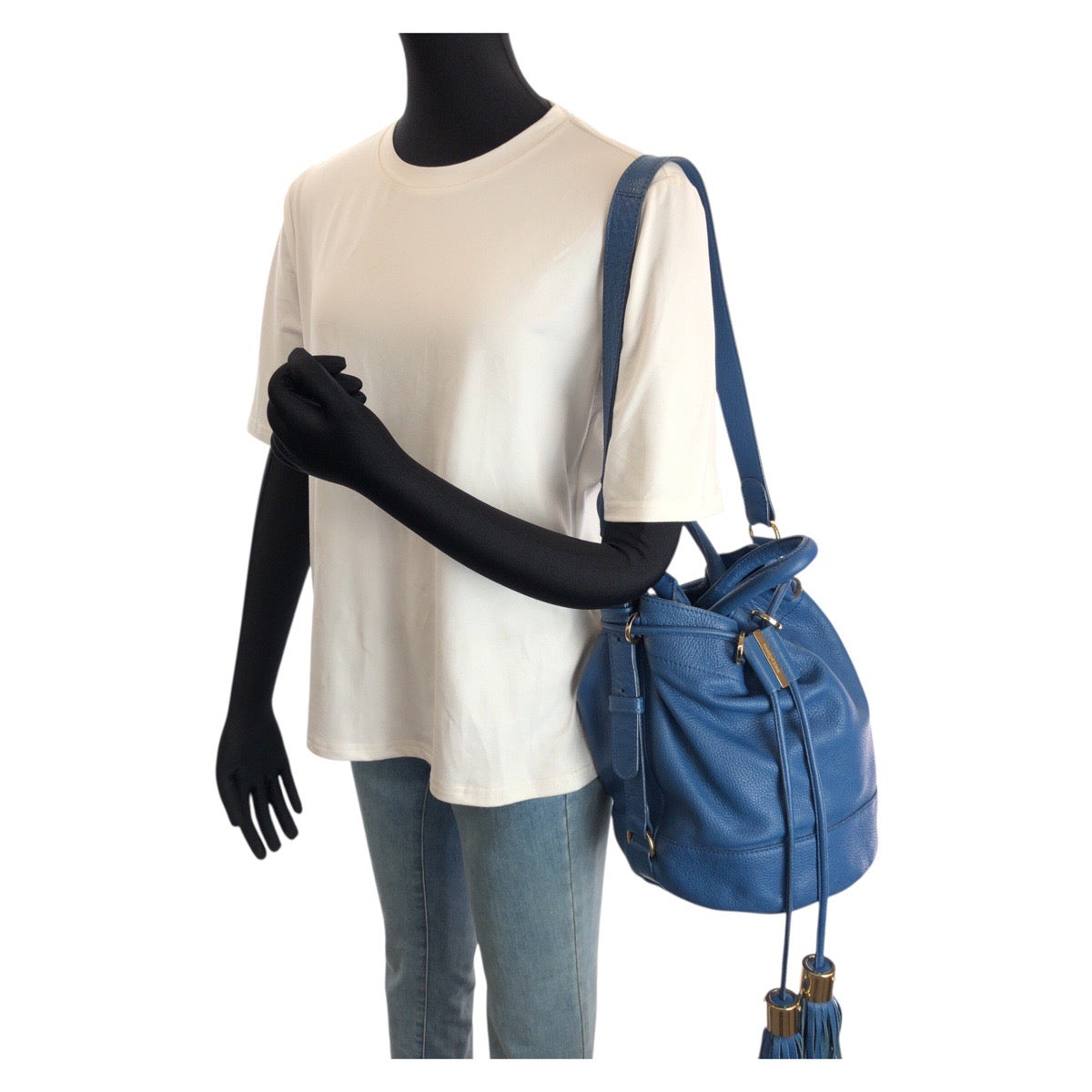 24231
SEE BY CHLOE シーバイクロエ ダブルタッセル 巾着 2way ブルー ゴールド金具 レザー ショルダーバッグ ハンドバッグ レディース AB23