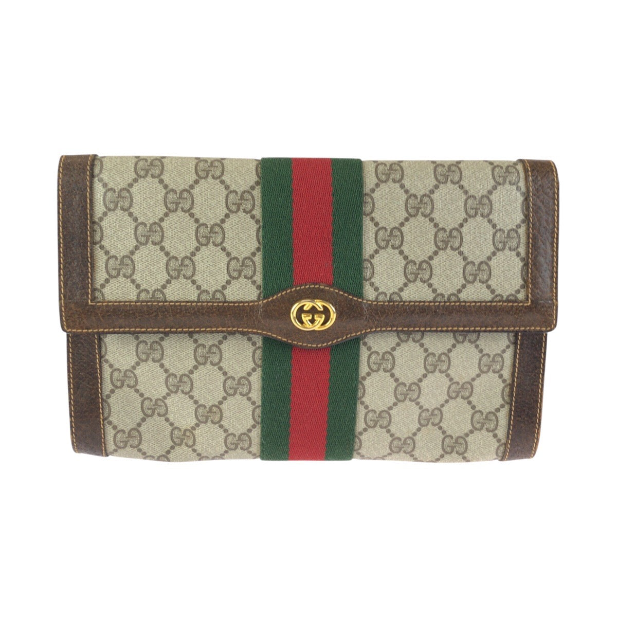24232
GUCCI グッチ ヴィンテージ シェリーライン グレー ブラウン ゴールド金具 GGスプリームキャンバス / レザー クラッチバッグ セカンドバッグ レディース AB23