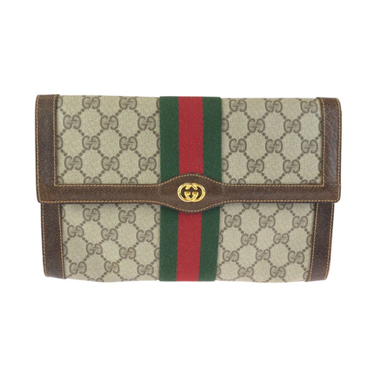 24232
GUCCI グッチ ヴィンテージ シェリーライン グレー ブラウン ゴールド金具 GGスプリームキャンバス / レザー クラッチバッグ セカンドバッグ レディース AB23