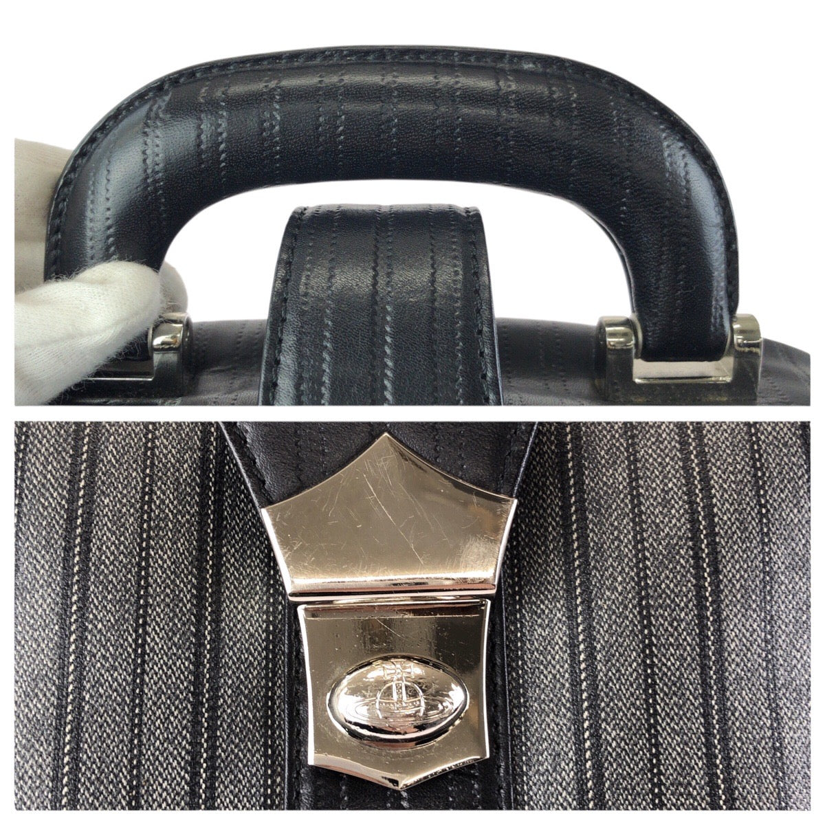 24250
Vivienne Westwood ヴィヴィアンウエストウッド ストライプ ブラック グレー シルバー金具 PVC / レザー ハンドバッグ バニティバッグ メンズ ABP21