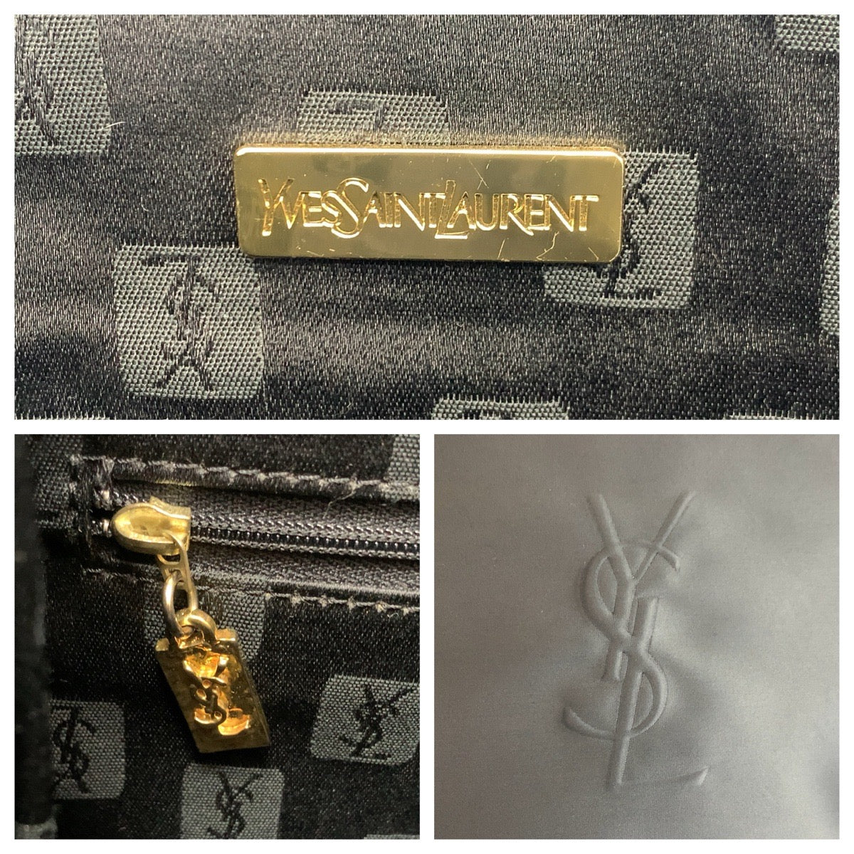 24254
YVES SAINT LAURENT イヴ サンローラン YSL ネイビー ゴールド金具 ナイロン トートバッグ ショルダーバッグ レディース A35