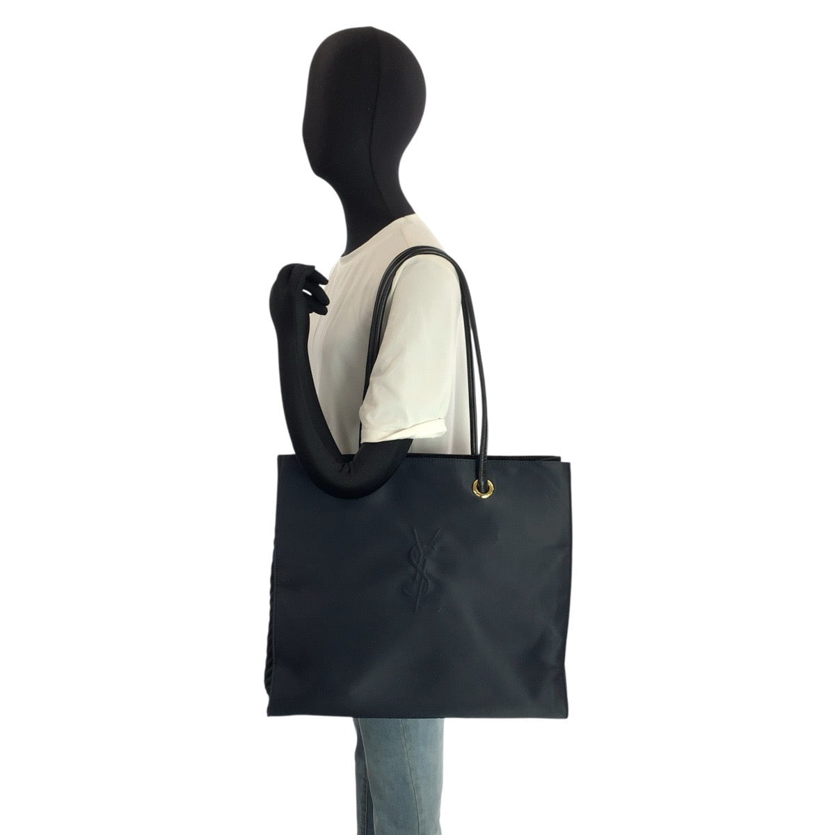 24254
YVES SAINT LAURENT イヴ サンローラン YSL ネイビー ゴールド金具 ナイロン トートバッグ ショルダーバッグ レディース A35