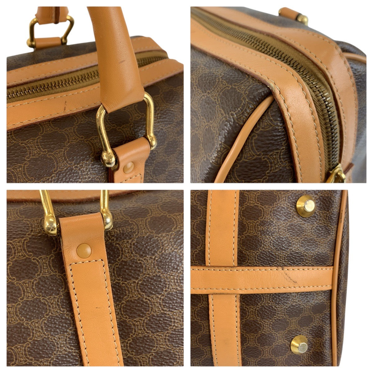 24265
CELINE セリーヌ ヴィンテージ マカダム ブラウン ゴールド金具 PVC / レザー M14 ハンドバッグ ボストンバッグ レディース ABP44