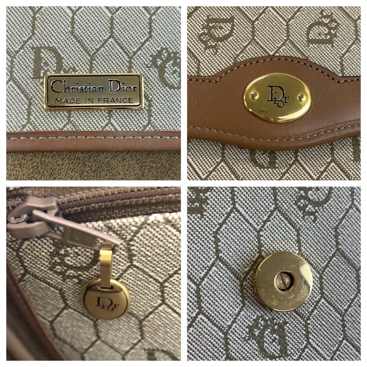 24268
Christian Dior クリスチャンディオール ヴィンテージ ハニカム柄 ベージュ ブラウン ゴールド金具 PVC / レザー ショルダーバッグ ポシェット レディース A42