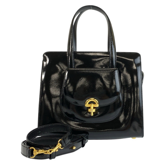24273
CELINE セリーヌ ヴィンテージ ブラック 黒 ゴールド金具 パテントレザー F/05 ハンドバッグ ショルダーバッグ 2way レディース ABP44