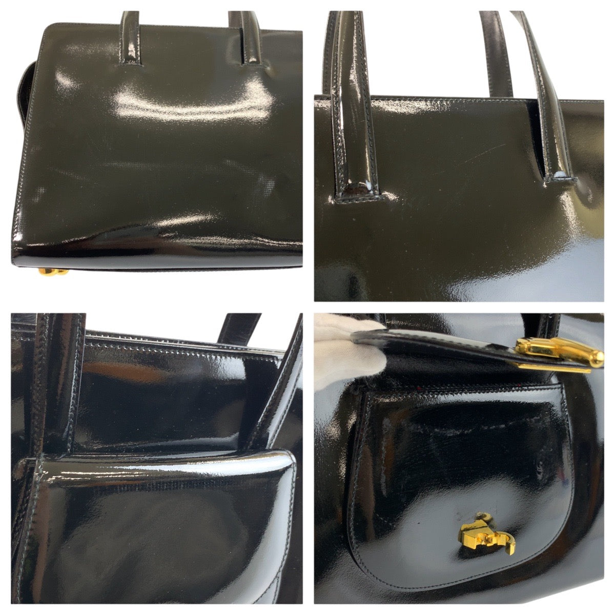 24273
CELINE セリーヌ ヴィンテージ ブラック 黒 ゴールド金具 パテントレザー F/05 ハンドバッグ ショルダーバッグ 2way レディース ABP44