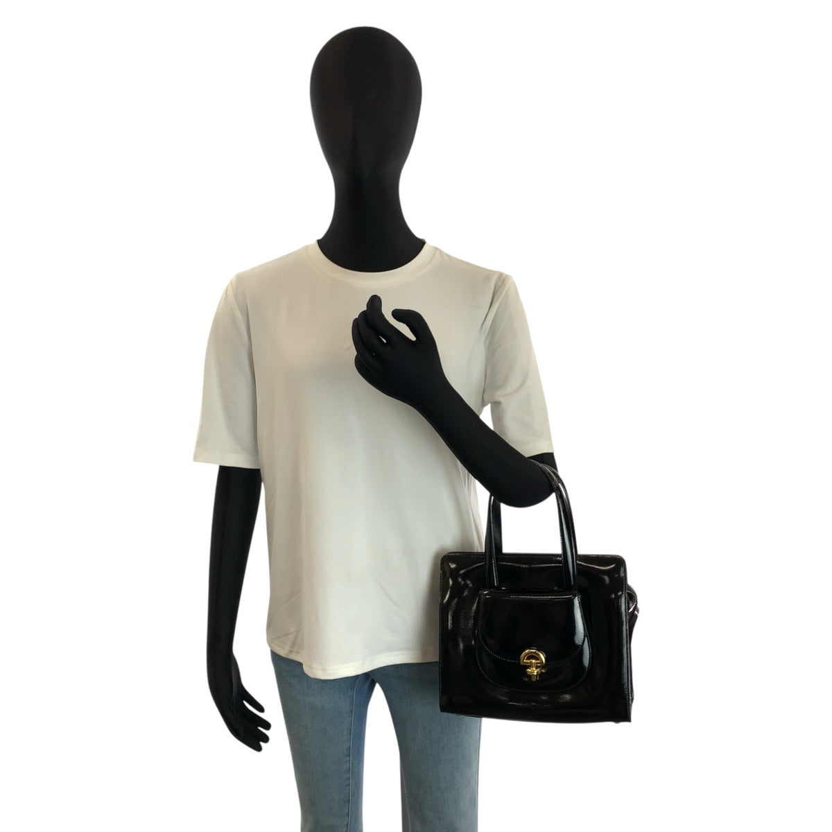 24273
CELINE セリーヌ ヴィンテージ ブラック 黒 ゴールド金具 パテントレザー F/05 ハンドバッグ ショルダーバッグ 2way レディース ABP44