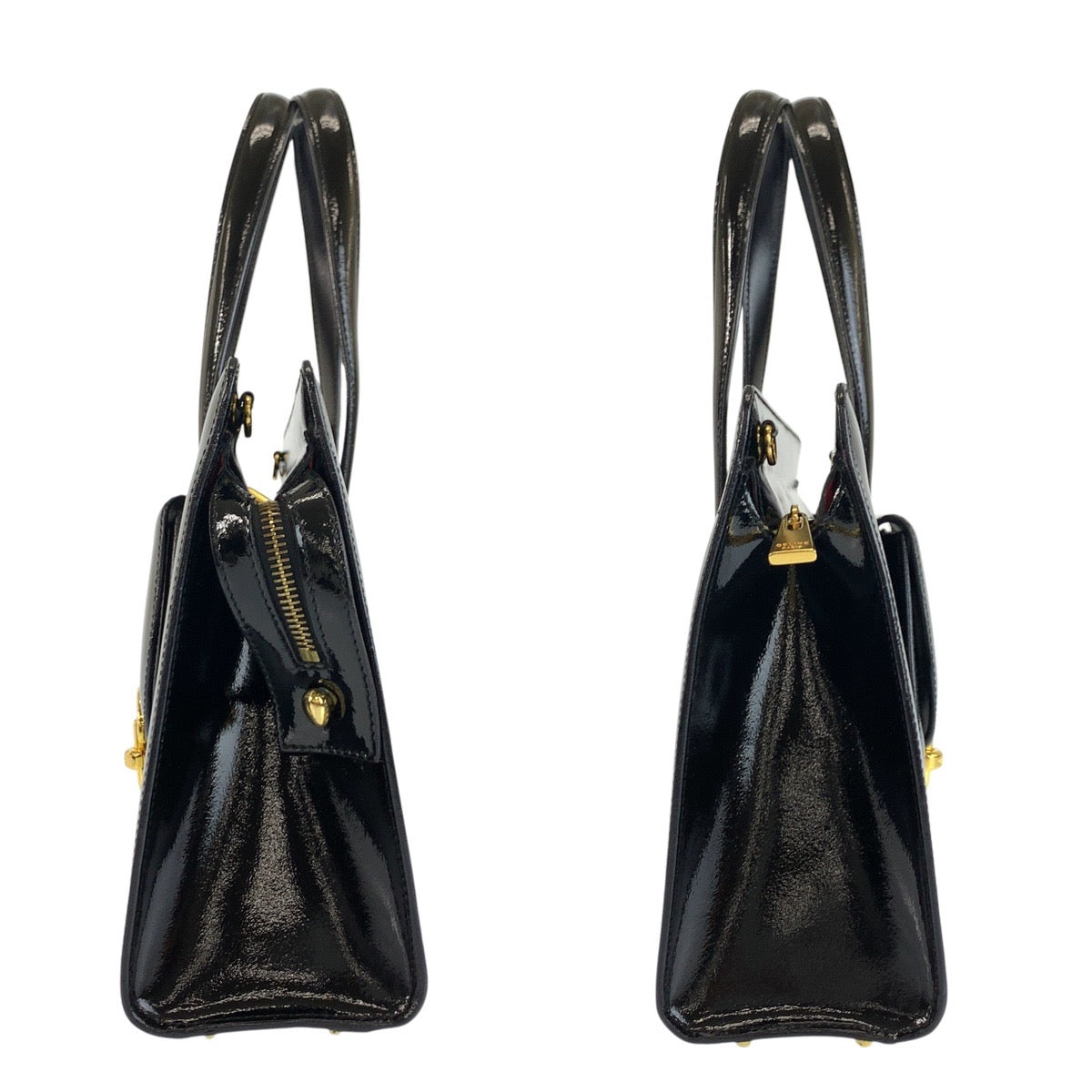 24273
CELINE セリーヌ ヴィンテージ ブラック 黒 ゴールド金具 パテントレザー F/05 ハンドバッグ ショルダーバッグ 2way レディース ABP44