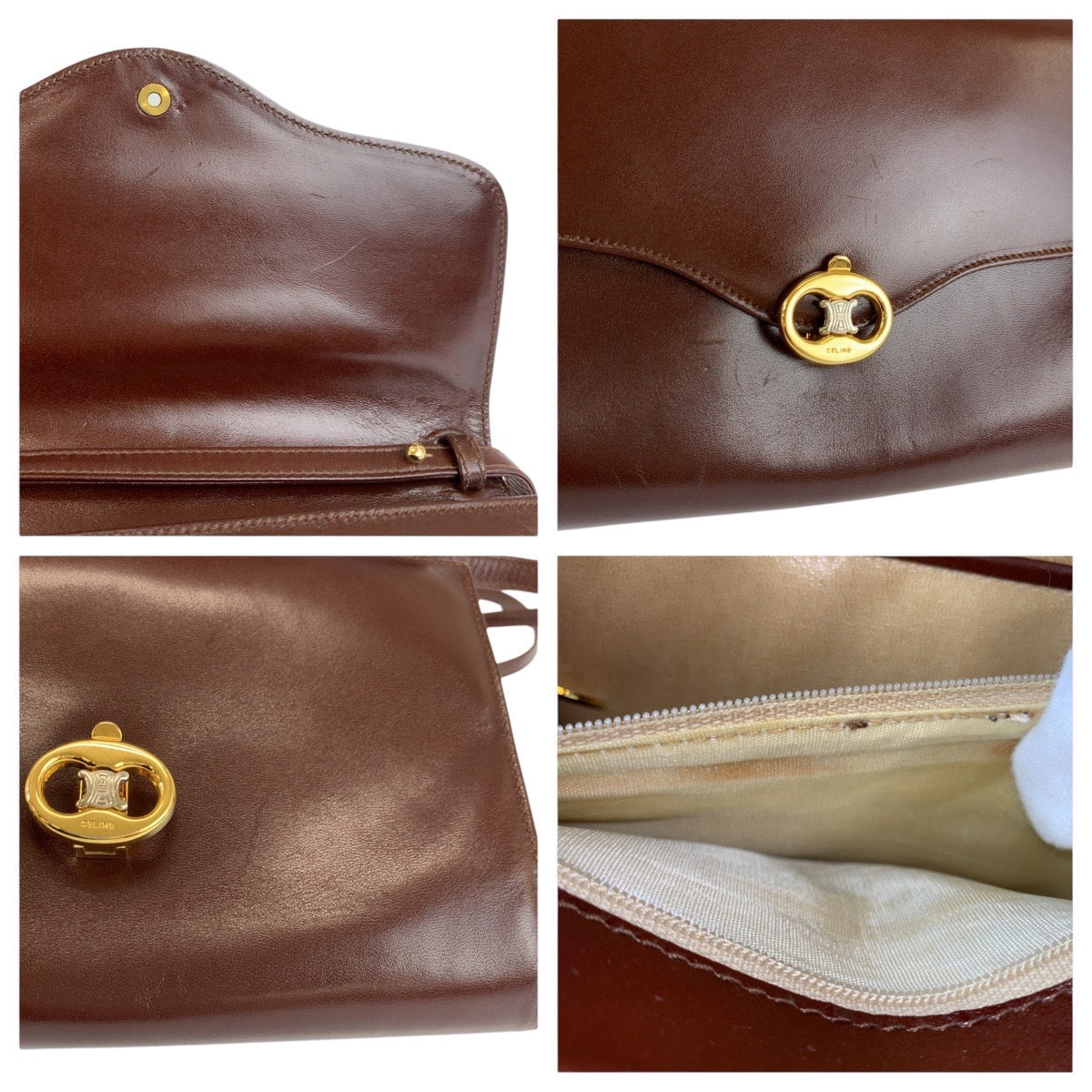 24274
CELINE セリーヌ ヴィンテージ ブラゾン ブラウン ゴールド金具 レザー F/08 ショルダーバッグ ポシェット レディース ABP42