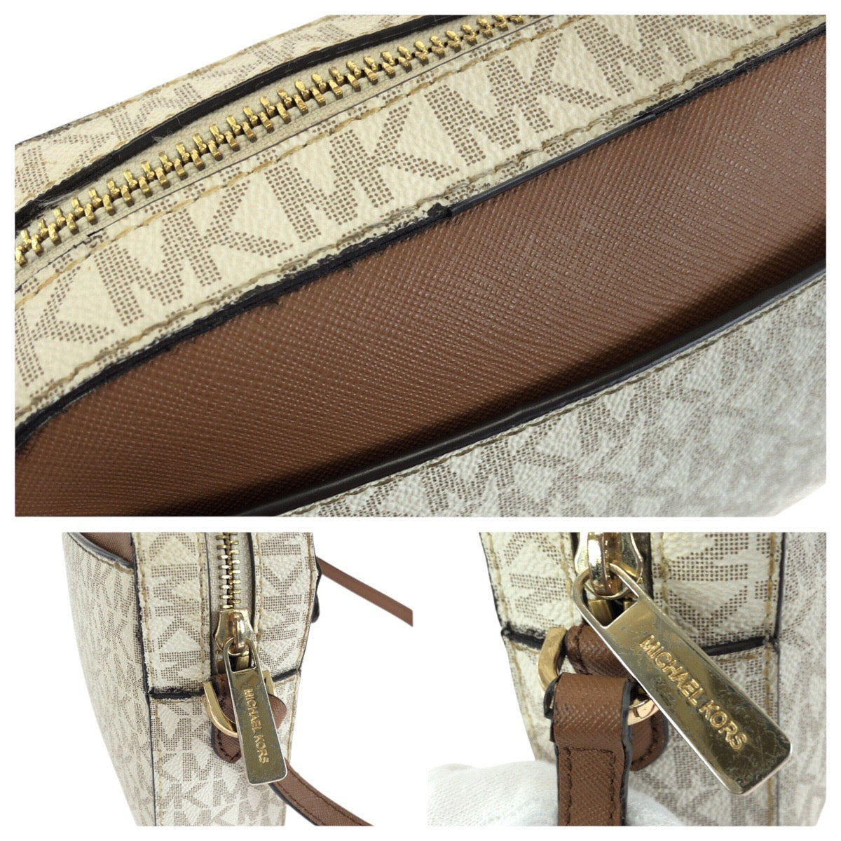 24281
Michael Kors マイケルコース ジェットセットアイテム オフホワイト ブラウン ゴールド金具 PVC 35S1GTTC9B ショルダーバッグ メッセンジャーバッグ レディース AB8