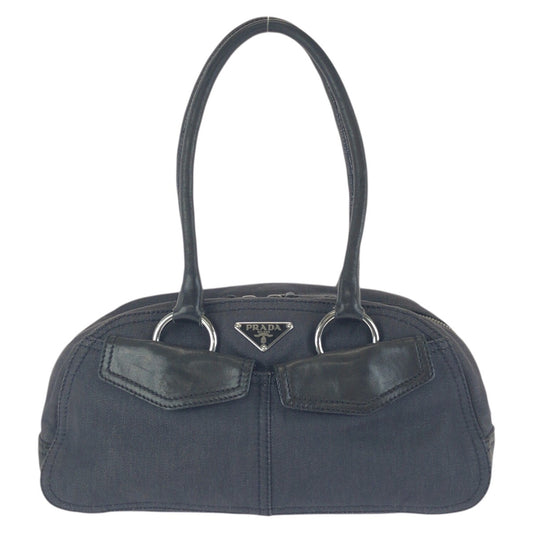 24288
PRADA プラダ ヴィンテージ 三角ロゴプレート ブラック 黒 ガンメタ金具 デニム / レザー ショルダーバッグ ハンドバッグ レディース ABP35