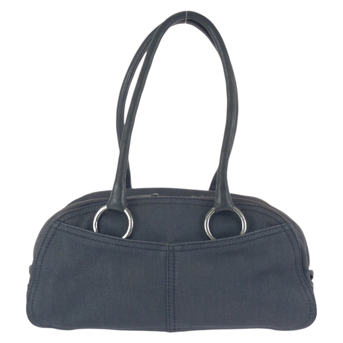24288
PRADA プラダ ヴィンテージ 三角ロゴプレート ブラック 黒 ガンメタ金具 デニム / レザー ショルダーバッグ ハンドバッグ レディース ABP35