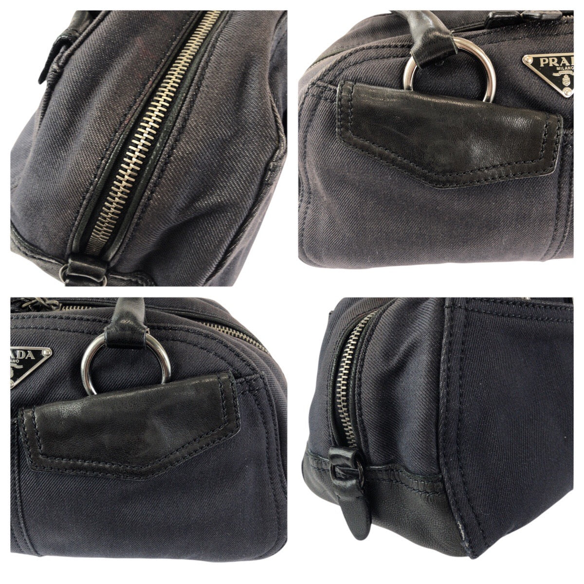 24288
PRADA プラダ ヴィンテージ 三角ロゴプレート ブラック 黒 ガンメタ金具 デニム / レザー ショルダーバッグ ハンドバッグ レディース ABP35