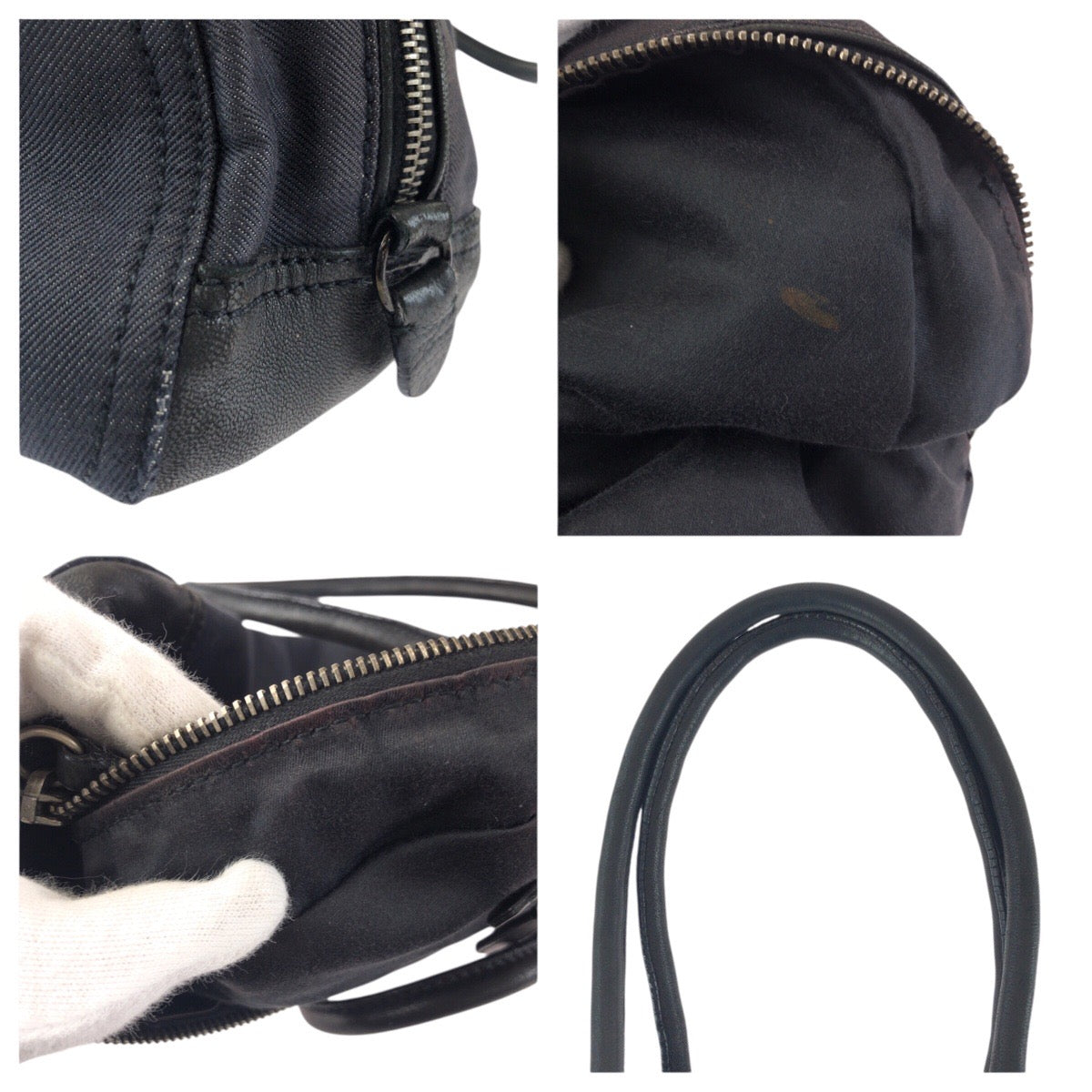 24288
PRADA プラダ ヴィンテージ 三角ロゴプレート ブラック 黒 ガンメタ金具 デニム / レザー ショルダーバッグ ハンドバッグ レディース ABP35
