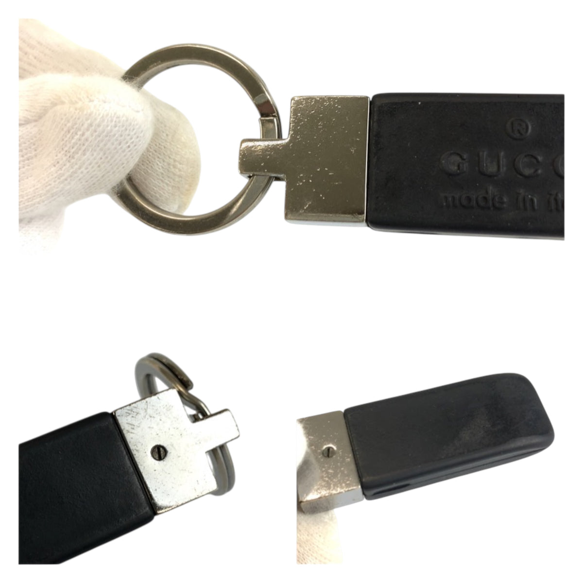 24294
GUCCI グッチ ブラック 黒 シルバー金具 ラバー キーホルダー キーリング メンズ AB2