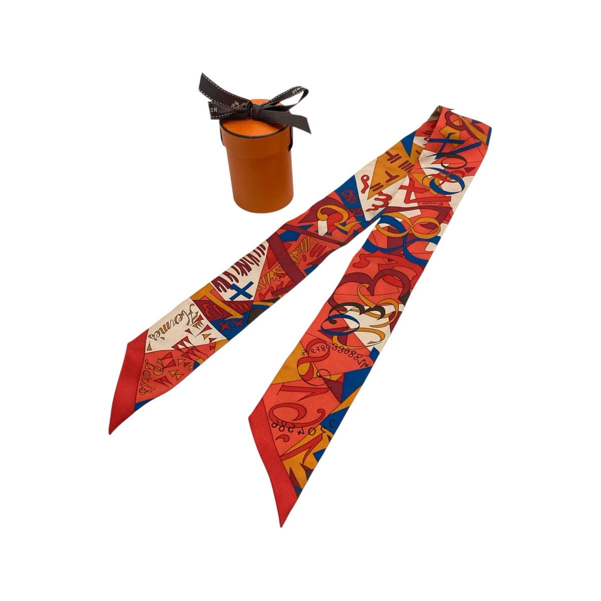 24327
HERMES エルメス ツイリー Le Nombre d’Or オレンジ ホワイト レッド シルク スカーフ リボンスカーフ レディース ABP16