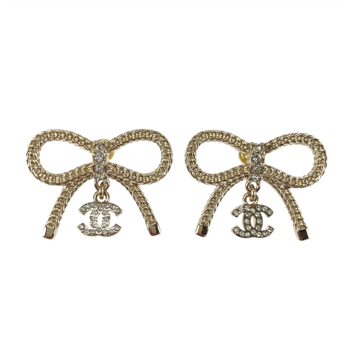 24334
CHANEL シャネル リボン ココマーク ラインストーン ゴールド メッキ ピアス B24 K刻印 レディース N72