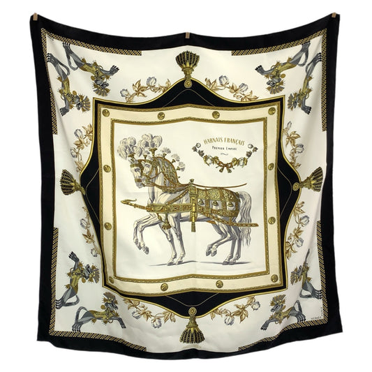 24337
HERMES エルメス Harnais Francais PREMIER カレ90 ホワイト ブラック マルチカラー シルク スカーフ レディース AB21